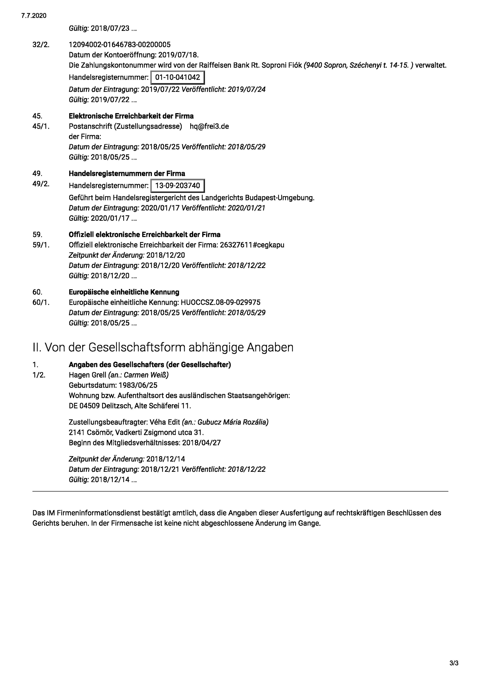 Hagen Grell, Frei3 Firmensitz Ungarn, Adresse Wohnort, Kolibri Felhök Média Kft, Alte Schäferei 11, 04509 Delitzsch, Carmen Weiß, Steuern, Handelsregister